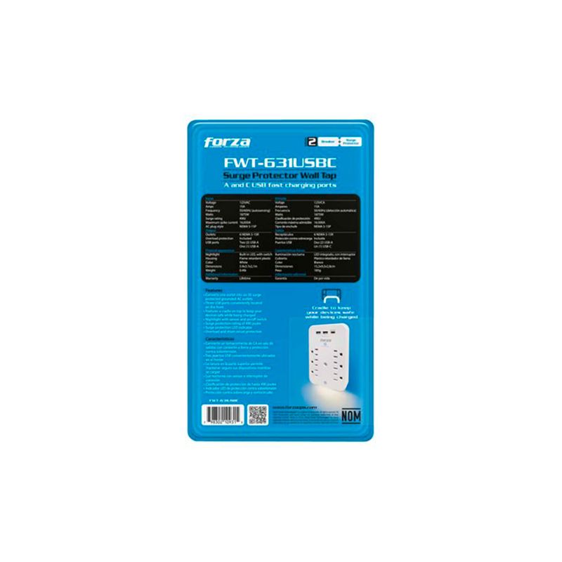 Tomacorriente protector 6 salidas 3 USB 110V Forza, parte posterior del empaque con tabla de especificaciones técnicas