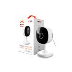 Kit de cámara interior, toma sencillo y bombillo Smart Nexxt, cámara blanca junto a su caja con logos de conectividad