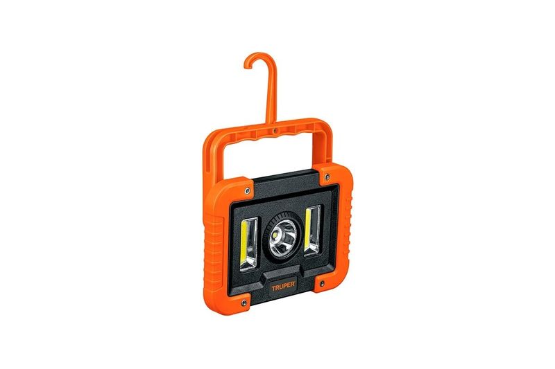 Lámpara LED recargable con gancho IP44 1000 lumen 17 x 12.5 cm Truper, vista frontal del equipo naranja y negro