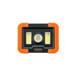 Lámpara LED recargable con gancho IP44 1000 lúmenes 17 x 12.5 cm Truper, vista frontal del panel de luces y marco naranja