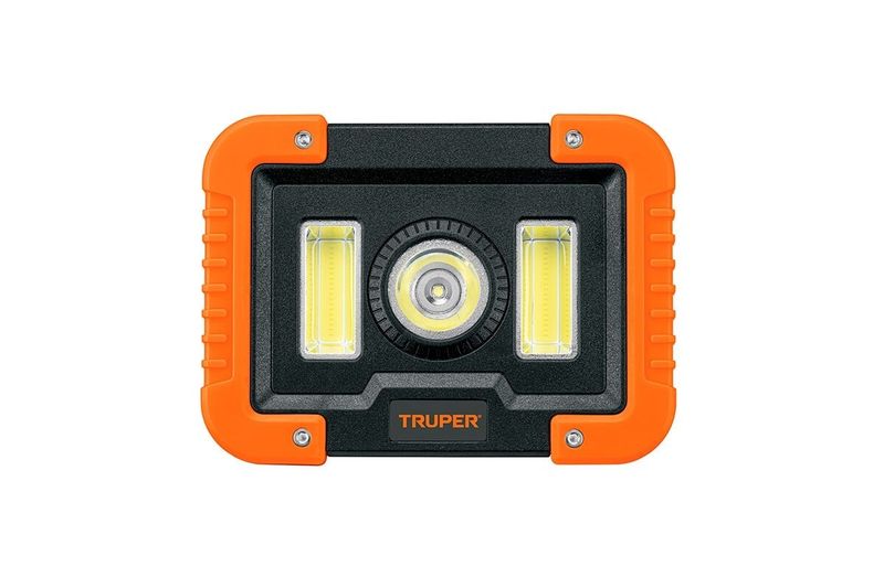 Lámpara LED recargable con gancho IP44 1000 lúmenes 17 x 12.5 cm Truper, vista frontal del panel de luces y marco naranja