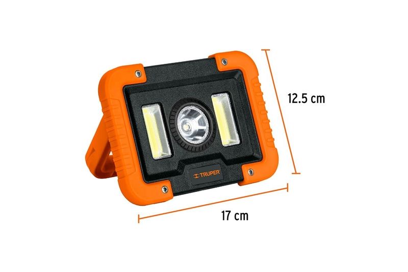 Lámpara LED recargable con gancho IP44 1000 lúmenes 17 x 12.5 cm Truper, vista frontal con líneas de medida naranjas