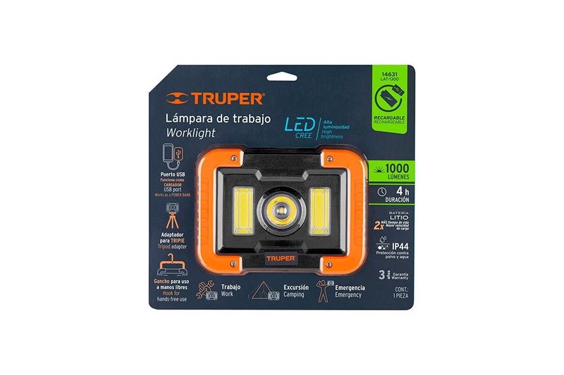 Lámpara LED recargable con gancho IP44 1000 lúmenes 17 x 12.5 cm Truper, en su empaque con especificaciones técnicas