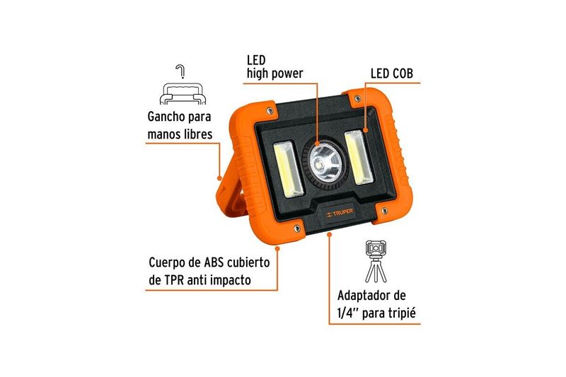 Lámpara LED recargable con gancho IP44 1000 lúmenes 17 x 12.5 cm Truper, infografía con detalles técnicos y partes del equipo