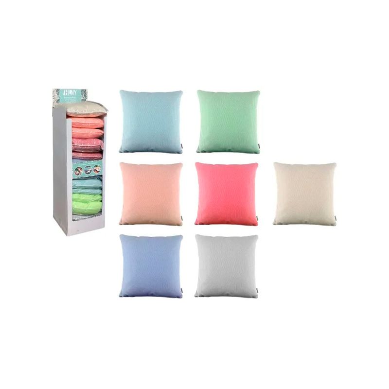 Cojín decorativo 45x45 cm Pasabahce, variedad de colores surtidos y exhibidor vertical con productos empacados