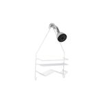 Organizador ducha metal blanco Zenith, estante de dos niveles colgado de una regadera cromada sobre fondo blanco