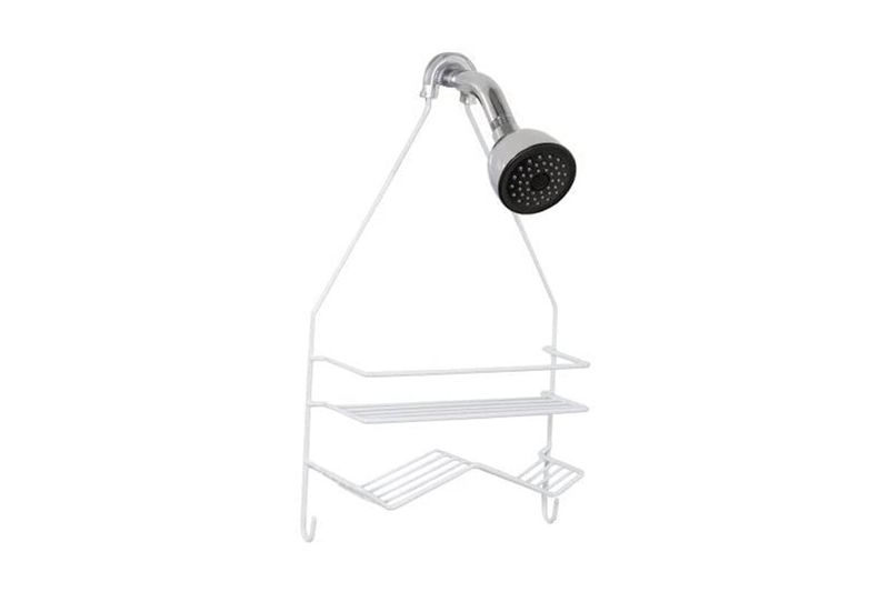 Organizador ducha metal blanco Zenith, estante de dos niveles colgado de una regadera cromada sobre fondo blanco