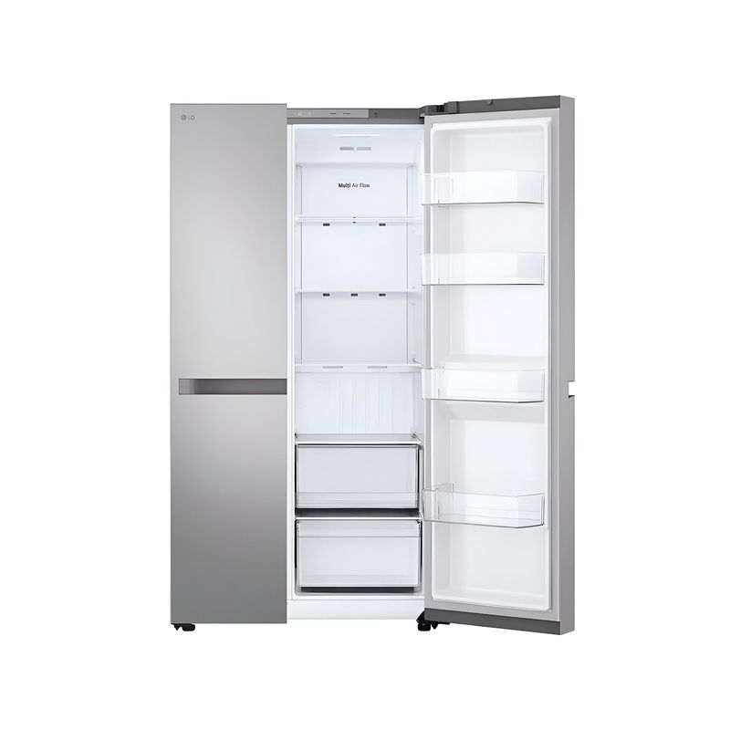 Refrigerador inverter sin dispensador SBS 612 L plata LG, vista frontal con puerta derecha abierta y estantes blancos