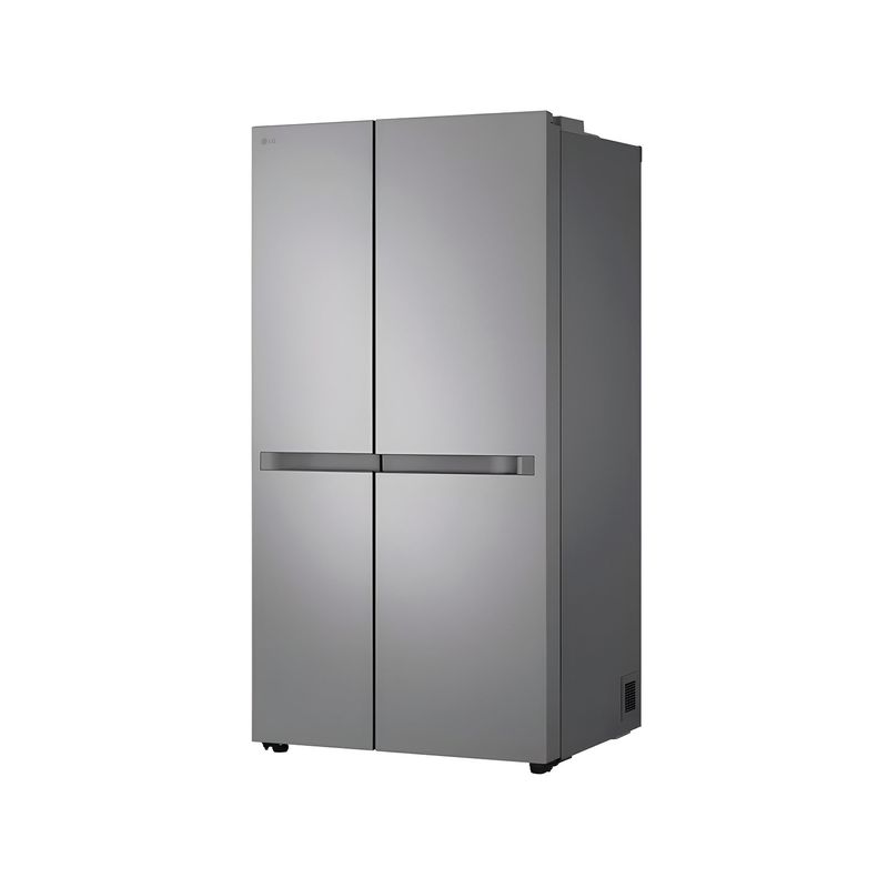 Refrigerador inverter sin dispensador SBS 612 L plata LG, vista en ángulo tres cuartos desde la derecha