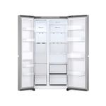 Refrigerador inverter sin dispensador SBS 612 l plata LG, vista frontal con ambas puertas abiertas mostrando el interior