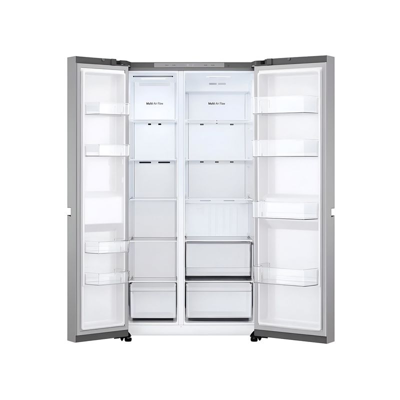 Refrigerador inverter sin dispensador SBS 612 l plata LG, vista frontal con ambas puertas abiertas mostrando el interior