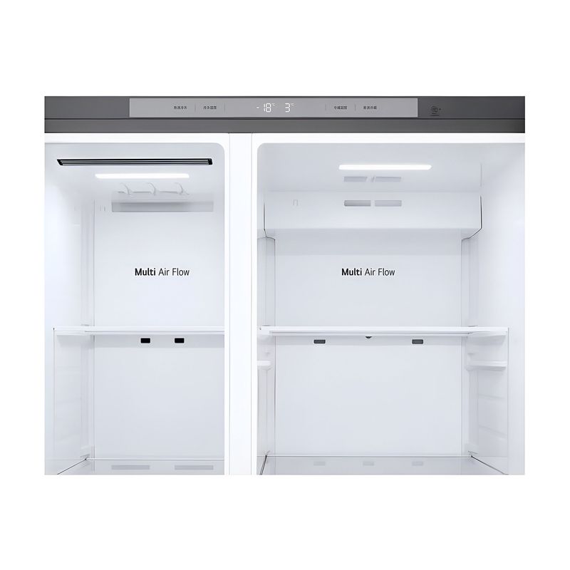 Refrigerador inverter sin dispensador SBS 612 L plata LG, vista interna de los compartimentos abiertos con Multi Air Flow