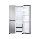 Refrigerador inverter sin dispensador SBS 612 l plata LG, vista frontal con puerta derecha abierta mostrando el interior