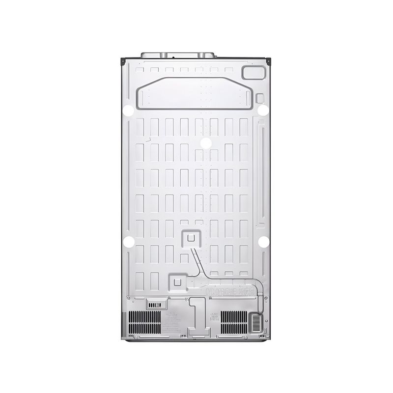Refrigerador inverter sin dispensador SBS 612 L plata LG, vista posterior del equipo mostrando la rejilla y panel trasero