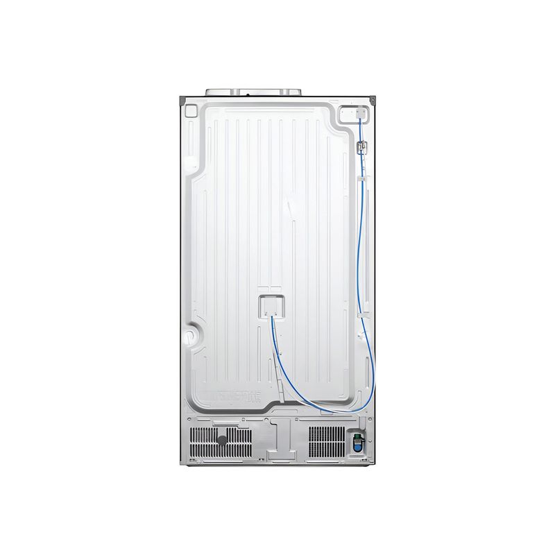 Refrigerador inverter con dispensador SBS 612 L LG, vista posterior de la estructura metálica y manguera de agua azul
