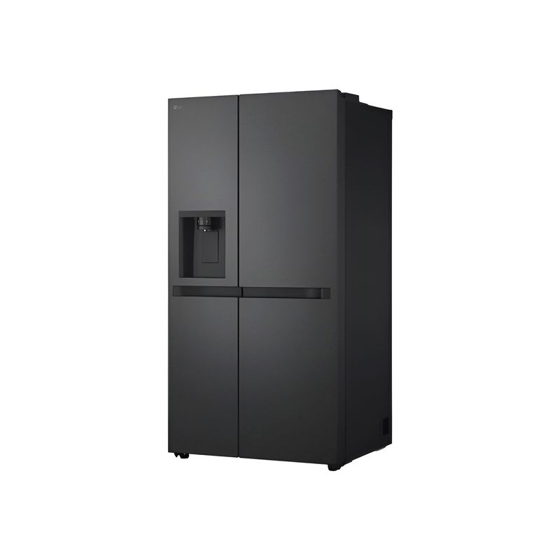 Refrigerador inverter con dispensador SBS 612 L negra LG, vista en perspectiva desde el ángulo derecho