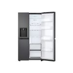 Refrigerador inverter con dispensador SBS 612 L negra LG, vista frontal con puerta derecha abierta mostrando estantes