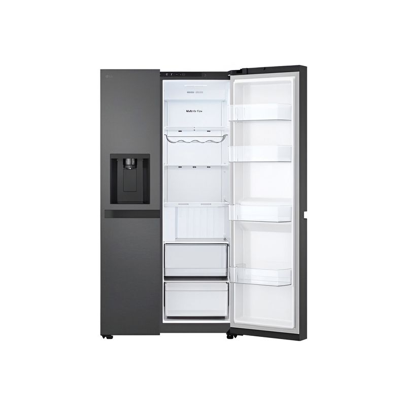 Refrigerador inverter con dispensador SBS 612 L negra LG, vista frontal con puerta derecha abierta mostrando estantes