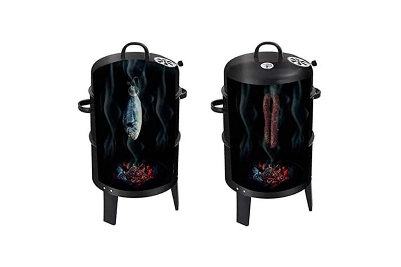 Ahumador/barbacoa carbón 16 pulgadas vertical negro Grill Mark, dos unidades con imágenes ilustrativas de alimentos cocinando