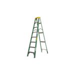 Escalera tijera fibra vidrio 8 pies 385 lbs Cuprum, vista frontal abierta con peldaños grises y tope amarillo