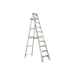 Escalera tijera de aluminio Cuprum de 10 pies y 385 lbs, vista frontal abierta con plataforma superior verde