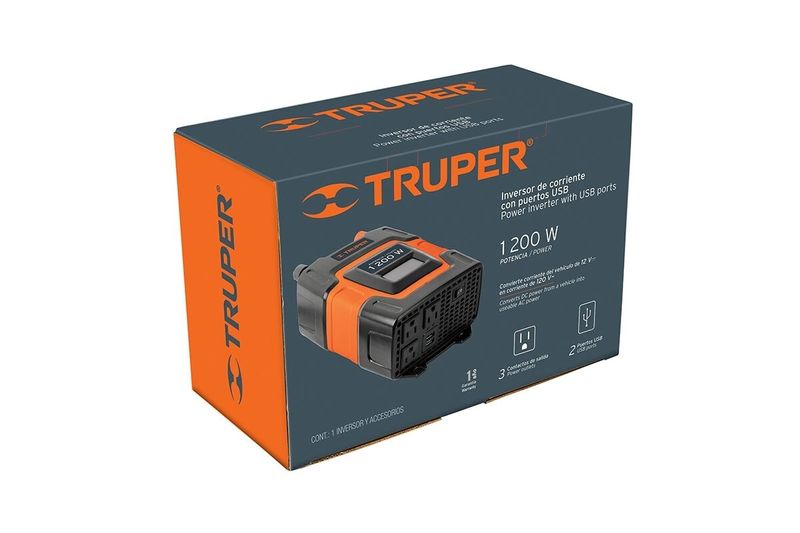 Inversor portátil sin cargador Truper de 1200 W bornera, en su empaque de cartón con ilustración del equipo