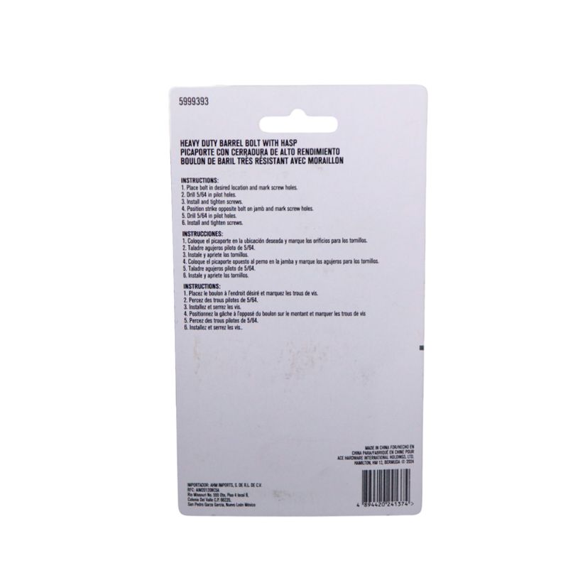 Pasador tipo barril con aldaba 6" Ace acero inoxidable, empaque blanco con instrucciones en tres idiomas