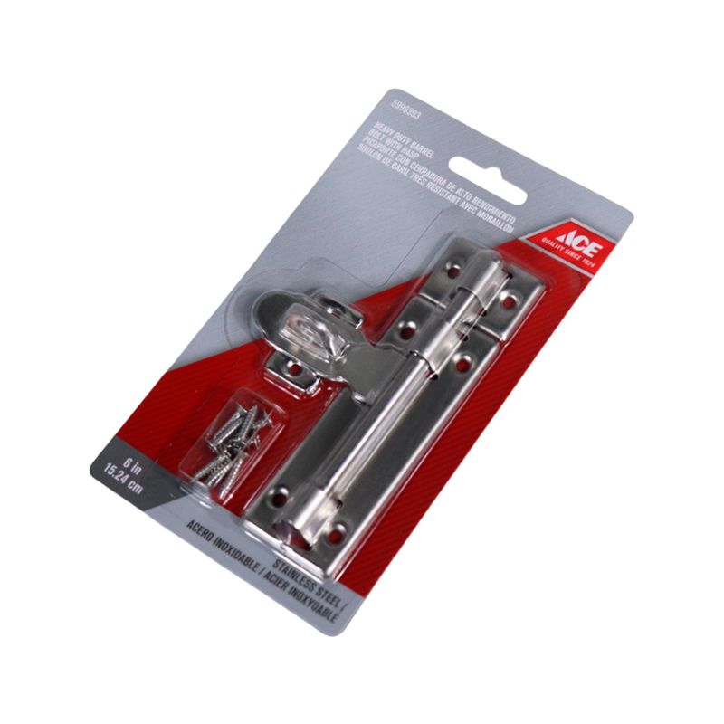 Pasador tipo barril con aldaba 6 pulgadas Ace acero inoxidable, en su empaque plástico con tornillos incluidos