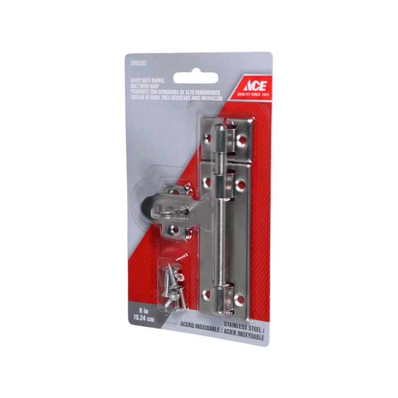 Pasador tipo barril con aldaba 6 pulgadas Ace acero inoxidable, producto en su empaque plástico con tornillos incluidos