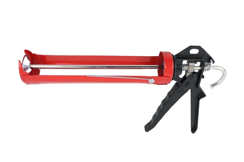 Pistola para silicón profesional metal Nova, vista lateral con cuerpo rojo y mango negro
