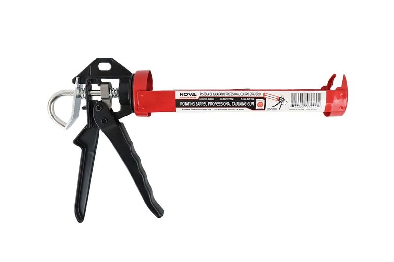 Pistola para silicón profesional metal Nova, vista lateral completa con cuerpo rojo y mango negro