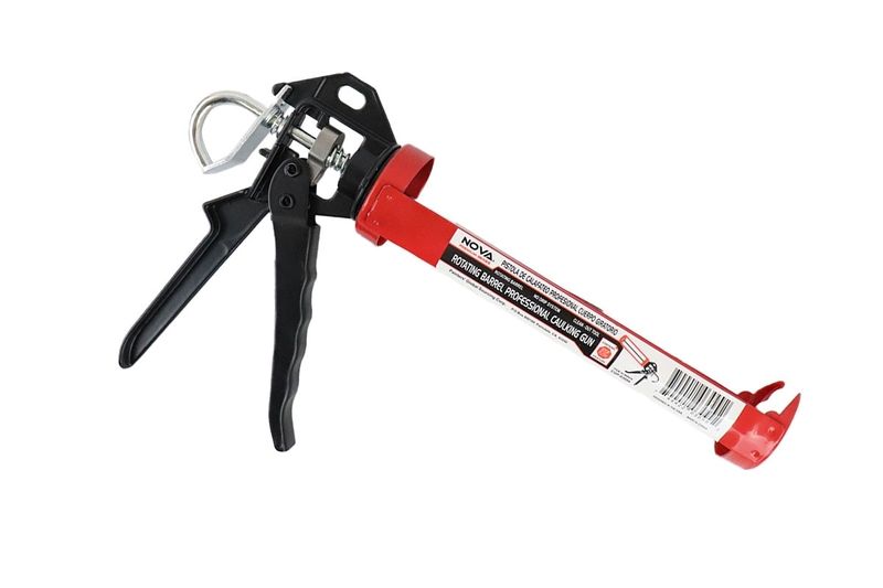 Pistola para silicón profesional metal Nova, vista lateral completa con cuerpo rojo y mango negro