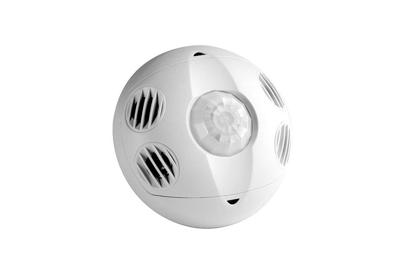 Sensor de ocupación multitecnología PIR ultrasónico 24 VDC blanco 360 grados de detección Leviton, vista frontal esférica