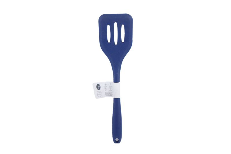 Cuchara ranura silicone colores sólidos Core Kitchen, color azul con etiqueta blanca en el mango