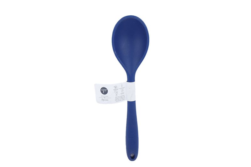 Cuchara silicone colores sólidos Core Kitchen, de color azul con etiqueta blanca de cartón en el mango