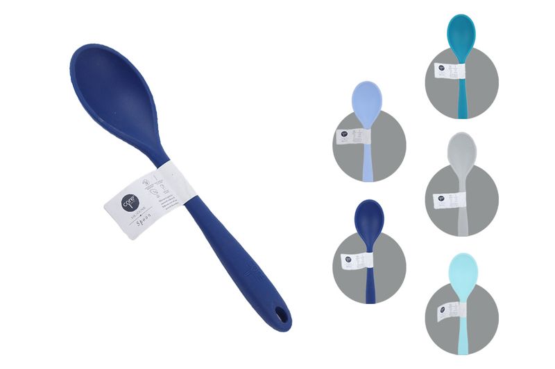 Cuchara silicone colores sólidos Core Kitchen, modelo azul con muestras de colores celeste, gris y azul claro al costado