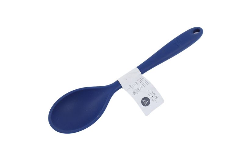 Cuchara silicone colores sólidos Core Kitchen, color azul con etiqueta blanca en el mango