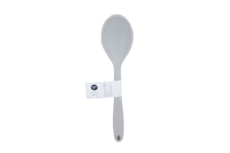 Cuchara silicone colores sólidos Core Kitchen, vista frontal de color gris con etiqueta de cartón blanca en el mango
