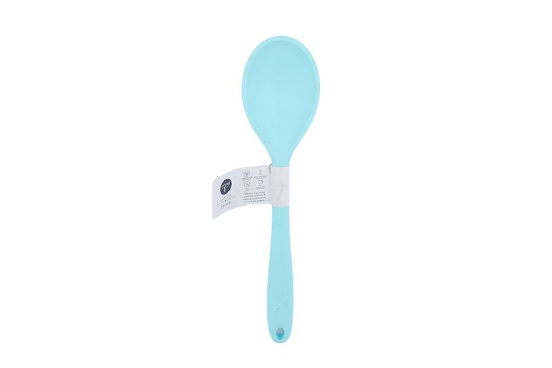 Cuchara silicone colores sólidos Core Kitchen, color celeste con etiqueta blanca en el mango