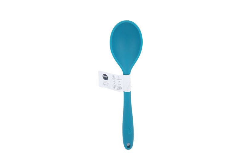 Cuchara silicone colores sólidos Core Kitchen, vista frontal de color azul con etiqueta blanca en el mango