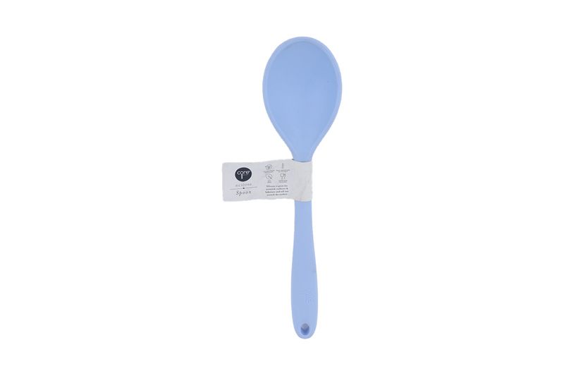 Cuchara silicone colores sólidos Core Kitchen, color celeste con etiqueta de cartón blanca en el mango