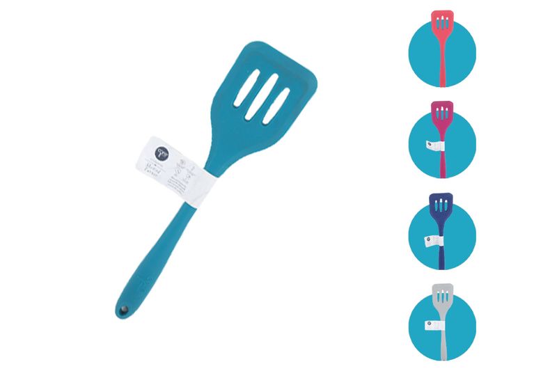 Cuchara ranura silicone colores sólidos Core Kitchen, color turquesa con etiqueta y opciones de colores a la derecha