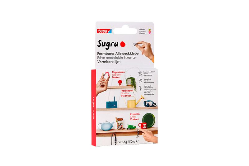 Adhesivo moldeable fuerte multiusos 3 pack rosa, anaranjado y verde Sugru, empaque frontal con ejemplos de uso