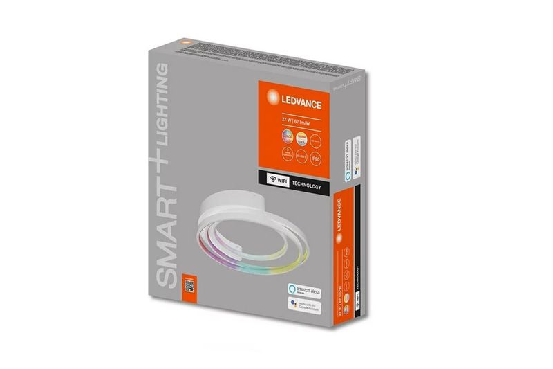 Plafón deco ceiling LED smart wifi 27 W RGB blanco Ledvance, empaque rectangular con ilustración del producto y logos