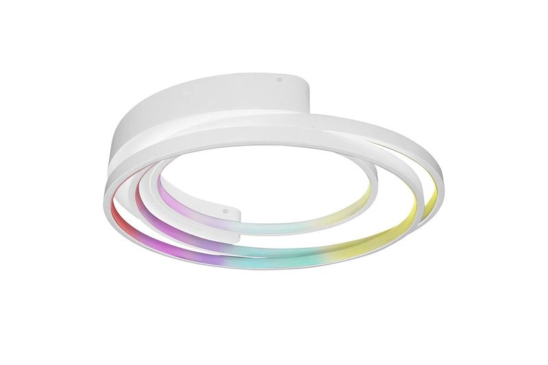 Plafón deco ceiling LED smart wifi 27 W RGB blanco Ledvance, vista en ángulo con iluminación multicolor en los anillos