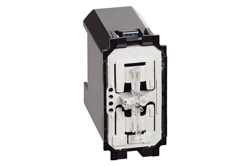 Interruptor 3 vías Smart Living Now Bticino, vista frontal del mecanismo eléctrico en color negro y blanco