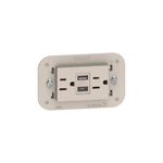 Toma doble + USB y tipo C 2 módulos 15 A 120/250 V color arena Living Now Bticino, vista frontal del dispositivo
