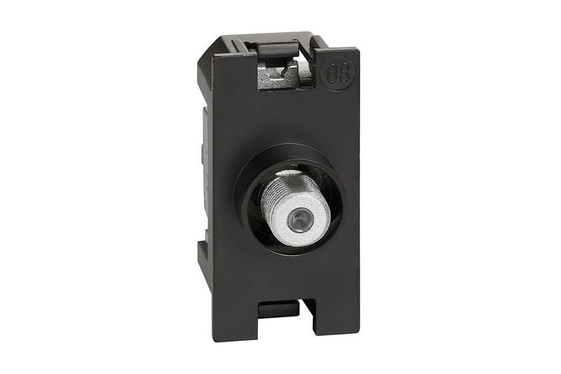 Toma coaxial tipo F 1 módulo Living Now Bticino, vista frontal del módulo negro con conector metálico central