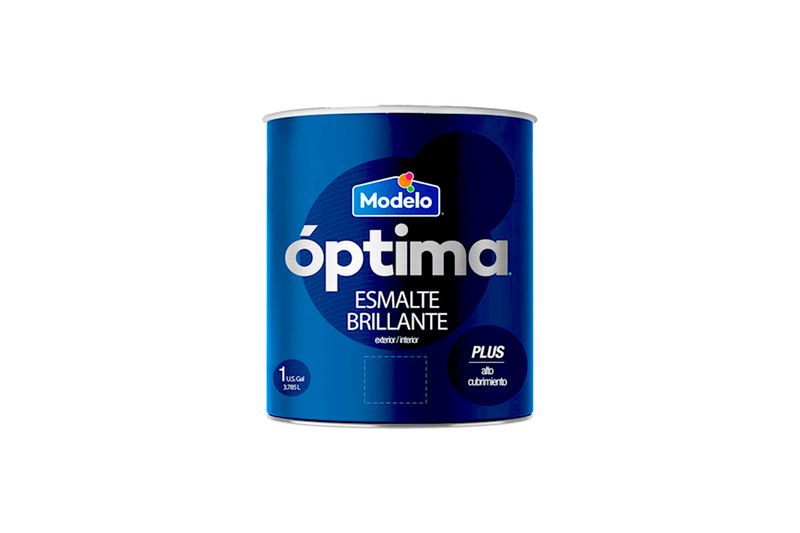 Pintura Óptima esmalte brillante pitahaya GL Modelo, envase metálico cilíndrico de color azul con etiqueta blanca