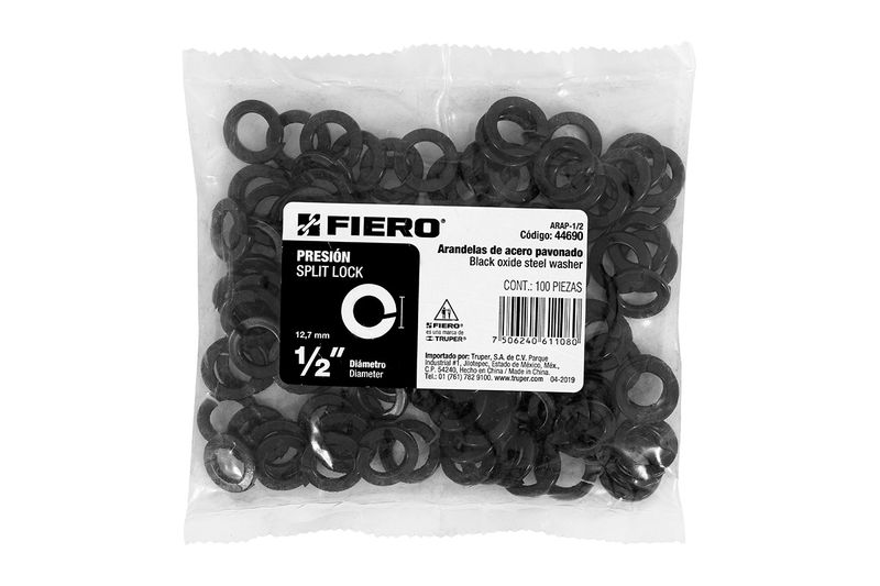 Arandela de presión 1/2 pulgadas 100 piezas Fiero, empaque plástico transparente con arandelas de acero pavonado